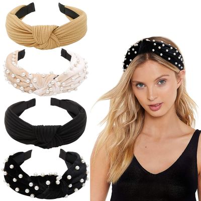 WOVOWOVO Headbands for Women Girls Knotted Wide Pearl head band Top Knot Head Bands for Womens Hair Thick Headband Velvet HairBands 4Pcs