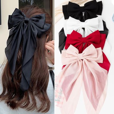 Seneeel Hair Accessories - 4 PCS Oversized Ribbon Bows with Long Tails, Cute Aesthetic Large Barrettes for Women and Girls (White, Pink, Red, Black)
