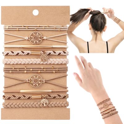 DIYDEC 10PCS Hair Ties Bracelet for Women 5 Styles Soft Braided Boho Hair Bands Elastic No Damage Hair Ties for Girls thick Thin Long Curly Hair Accessories(Beige and light coffee)