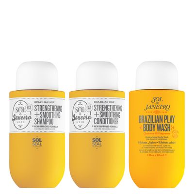 SOL DE JANEIRO Mini 4 Play Moisturizing Shower Cream Gel Body Wash + Brazilian Joia Damage Repairing Shampoo and Conditioner Set