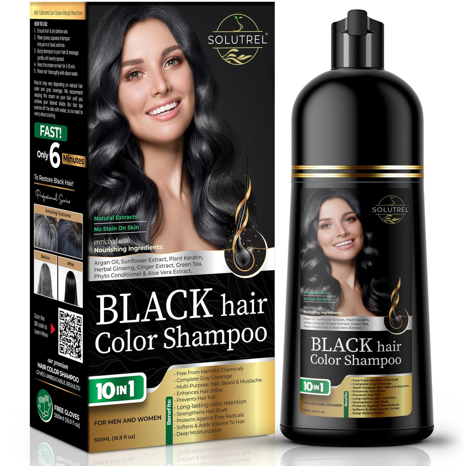 Solutrel Black Hair Dye Shampoo, Complete Gray Coverage, 10-in-1 Benefits, Natural Ingredients - Long Lasting Hair Color, No Skin Stain - Ammonia Free.