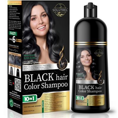Solutrel Black Hair Dye Shampoo, Complete Gray Coverage, 10-in-1 Benefits, Natural Ingredients - Long Lasting Hair Color, No Skin Stain - Ammonia Free.