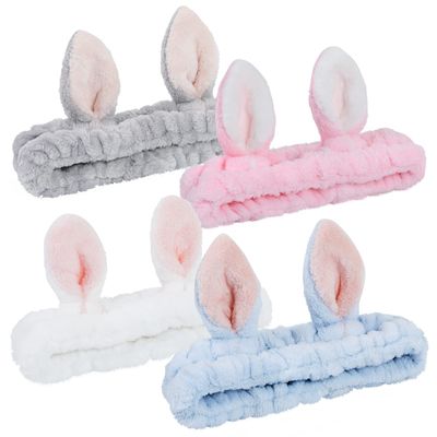 Ygreato 4 Pack Elastic Makeup Headbands for Women, Girls&#39; Soft Flannel Bunny Ears Headbands Head Wraps, SPA Headband for Washing Face