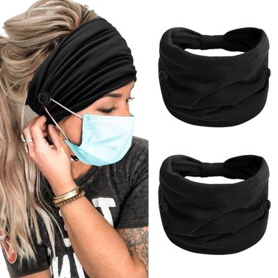 TERSE 2 Packs Headbands with Buttons for Mask Ear Savers 7 Extra Wide Non Slip Nurse Headband for Women Men Doctors Black Elastic Ears Protector Head Bands Sweatband Hair Accessories