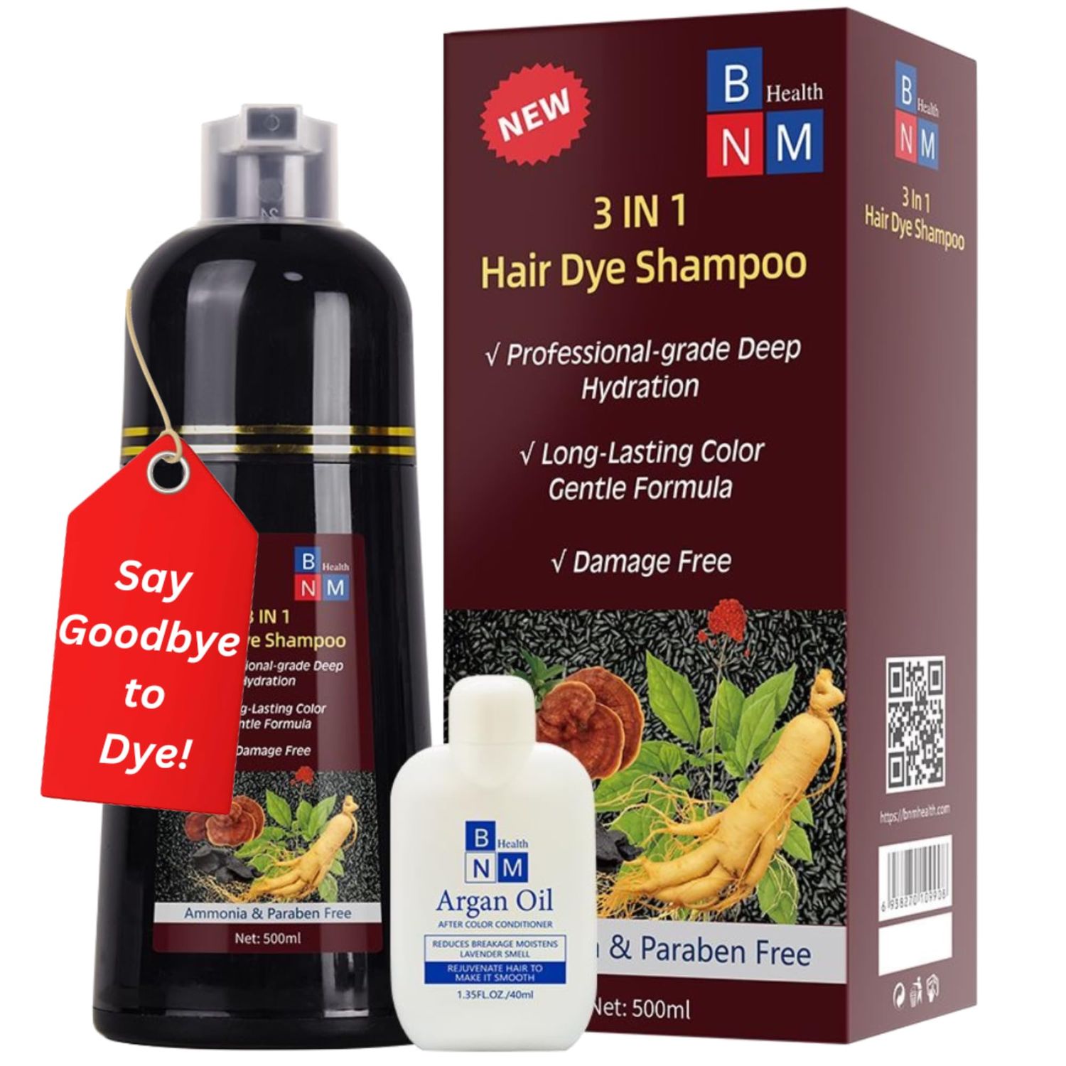 BNM Health Hair Dye Shampoo for Gray Hair - 3-in-1 Natural Color, Shampoo &amp; Conditioner - Ammonia-Free, Long-Lasting - 500ml - Quick &amp; Easy Coverage for Men &amp; Women (Coffee (Light Brown))