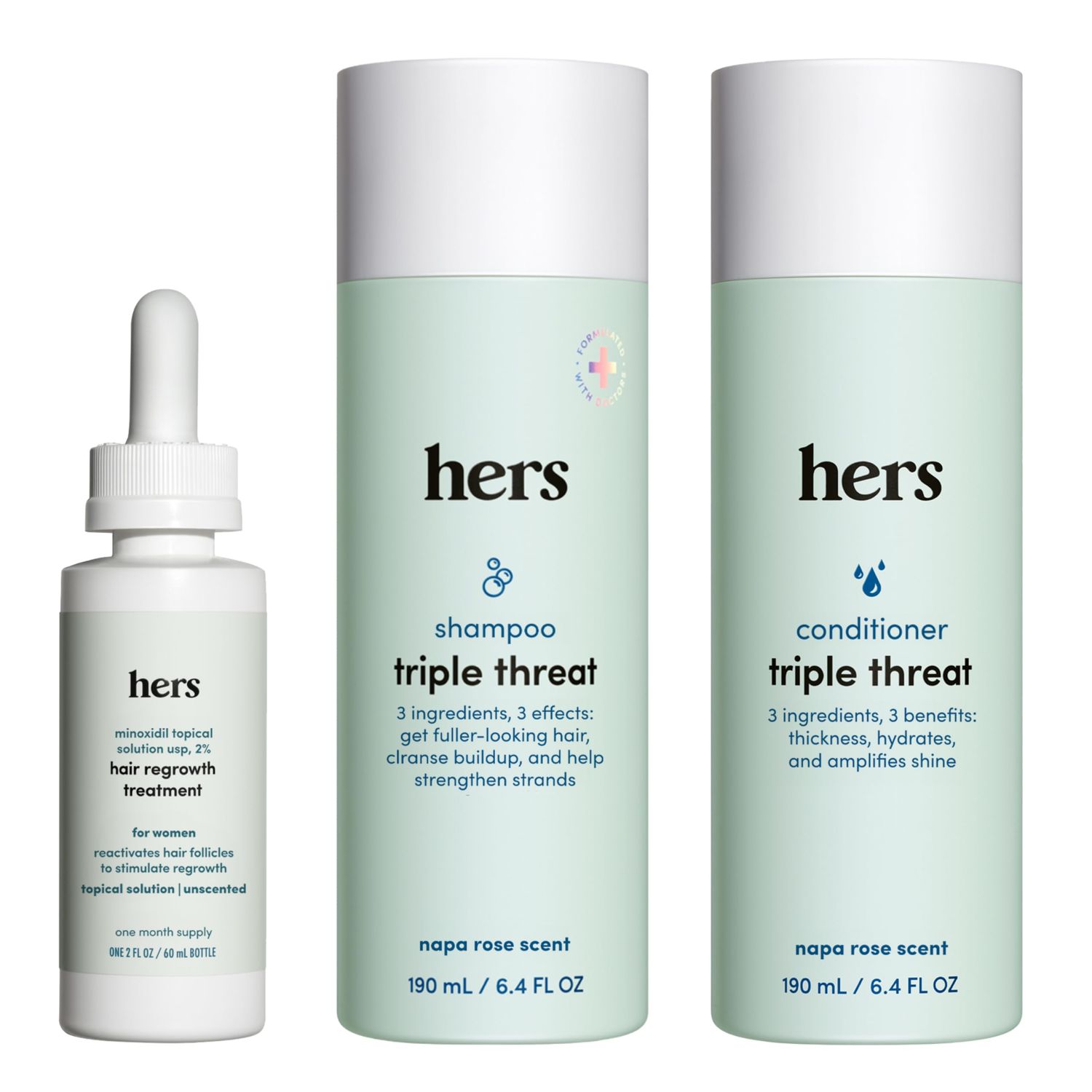 HIMS &amp; HERS Triple Threat Shampoo, Conditioner and 2% Minoxidil Serum - Hair Loss Treatment For Women - Includes Minoxidil Serum, Color Safe Hair Thickening Shampoo and Conditioner - 3 Count