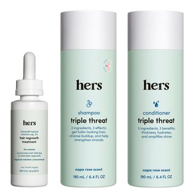 HIMS &amp; HERS Triple Threat Shampoo, Conditioner and 2% Minoxidil Serum - Hair Loss Treatment For Women - Includes Minoxidil Serum, Color Safe Hair Thickening Shampoo and Conditioner - 3 Count