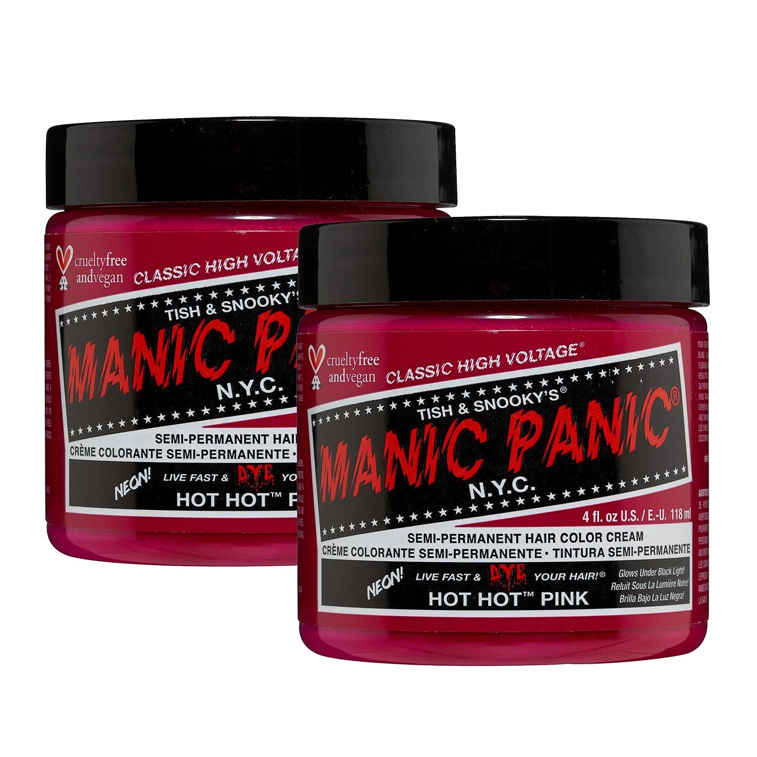 MANIC PANIC Classic Hot Hot Pink Semi Permanent Hair Color - Neon Pink Hair Dye for Women &amp; Men That Lasts 4-6 Weeks - Vegan, Ammonia &amp; Cruelty-Free - Create &amp; Mix Custom Shades (4oz / 2pk)
