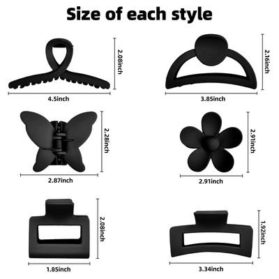 6 Pack Matte Non-Slip Hair Accessories - Claw Clips in Black for Thin and Thick Hair, Ranging from 1.85-4.5 Inches, Featuring Flower, Banana, and Butterfly Designs for Women and Girls