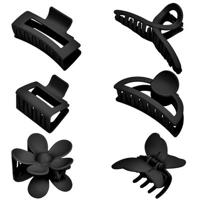 6 Pack Matte Non-Slip Hair Accessories - Claw Clips in Black for Thin and Thick Hair, Ranging from 1.85-4.5 Inches, Featuring Flower, Banana, and Butterfly Designs for Women and Girls