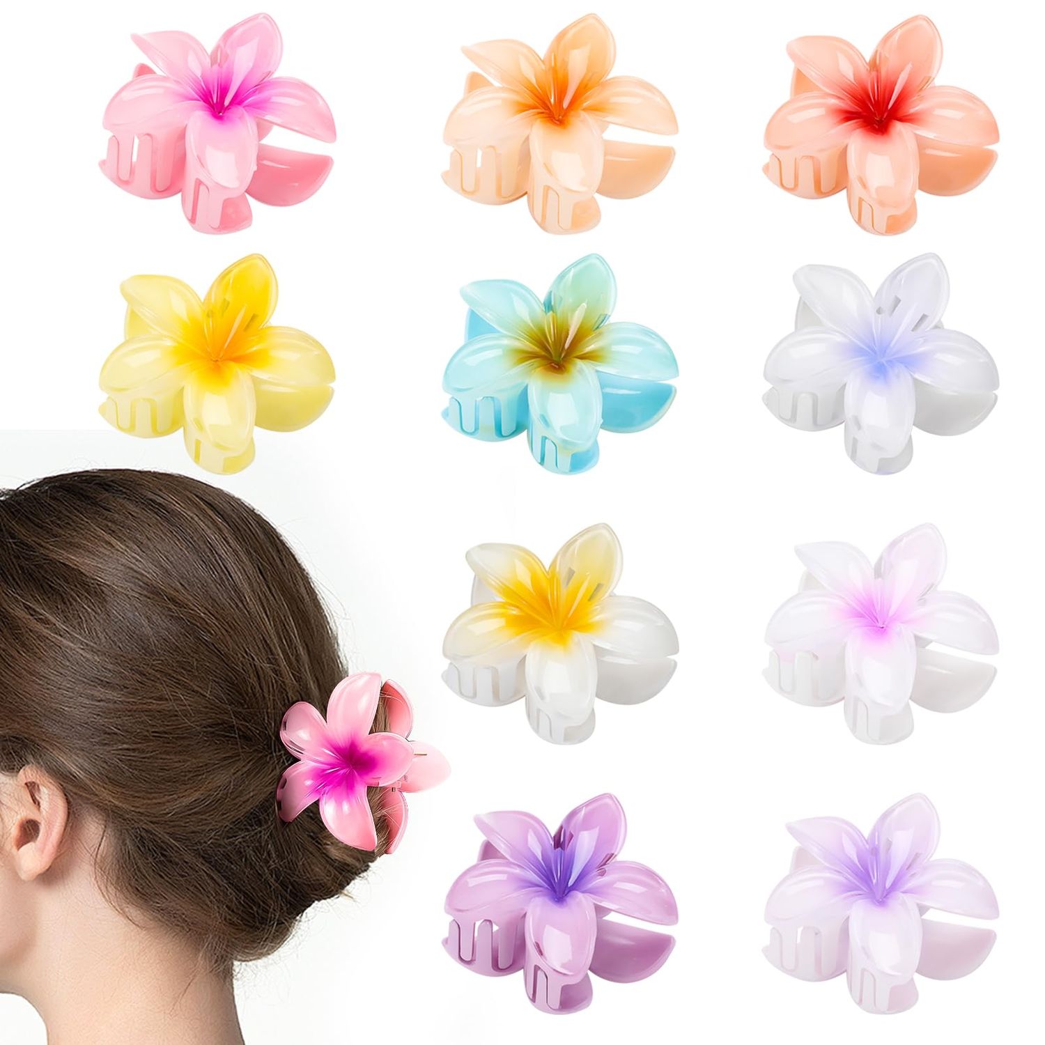 HAPTIME 10 Pack Flower Claw Clips for Women, Preppy Flower Hair Clips, Plumeria Hair Clip, Hawaiian Flower Hair Clips, Flower Clips for Hair, Gifts for Women Teen Girls