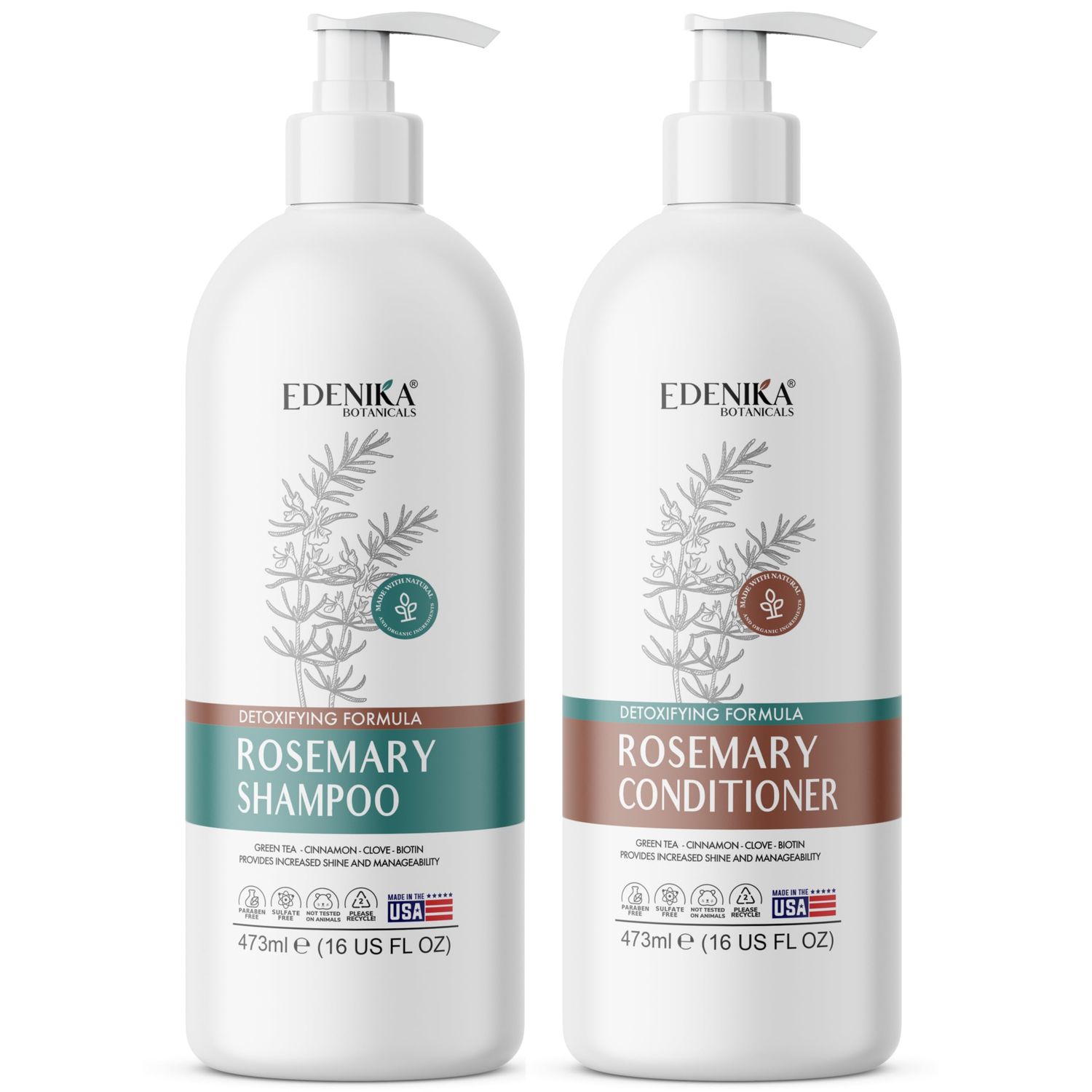 Edenika Botanicals Rosemary Shampoo &amp; Conditioner with Biotin, Green Tea &amp; Clove for Hair Strength &amp; Anti-Hair Loss, Scalp Detox &amp; Clarifying, Revitalizing Thin, Dry, Damaged Hair - 16 fl oz Each