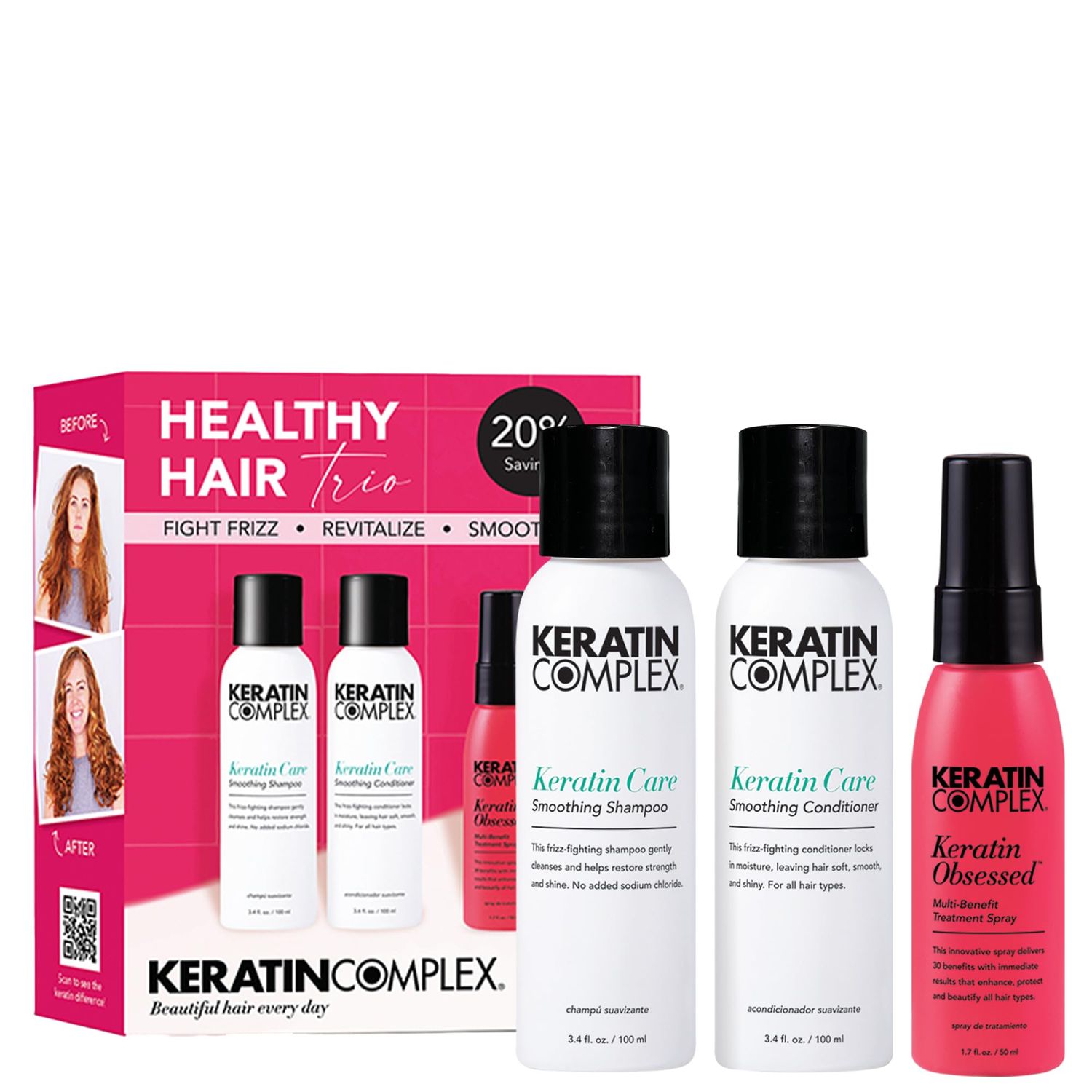 Keratin Complex - Healthy Hair Trio - Keratin Care Shampoo &amp; Conditioner, 3.4 fl oz &amp; Keratin Obsessed Multi-Benefit Treatment Spray, 1.7 fl oz