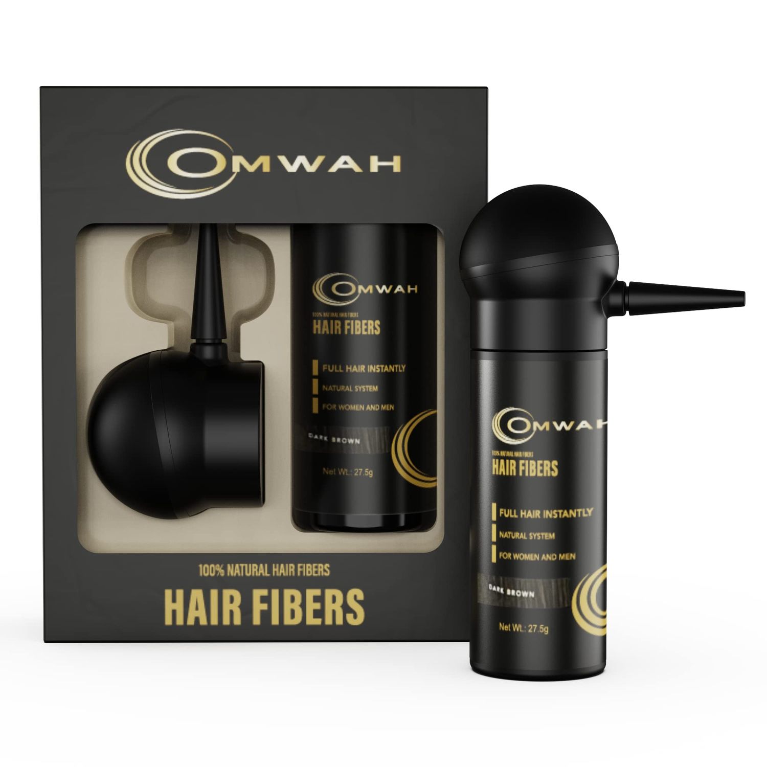 OMWAH Natural Hair Fibers for Thinning Hair - 2-in-1 Kit 27.5g Bottle - Natural Undetectable Thick Hair Fibers &amp; Spray Applicator Pump Nozzle, Conceals Hair Loss (Dark Brown)