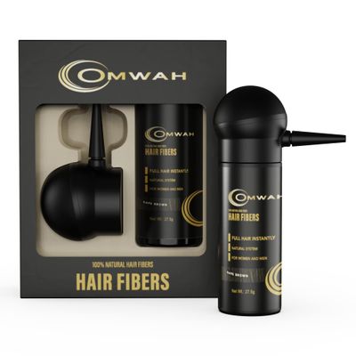 OMWAH Natural Hair Fibers for Thinning Hair - 2-in-1 Kit 27.5g Bottle - Natural Undetectable Thick Hair Fibers &amp; Spray Applicator Pump Nozzle, Conceals Hair Loss (Dark Brown)