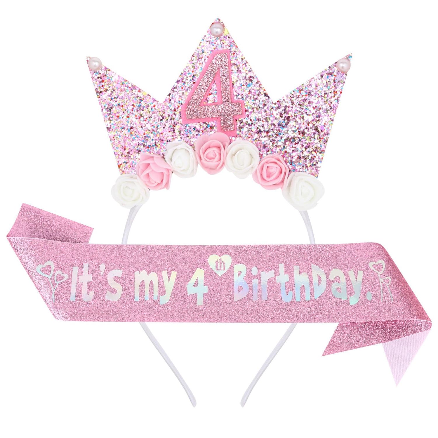 YARIEW 4th Birthday Decorations for Girls, 4th Birthday Headband and Glitter Birthday Sash Kit, Birthday Tiara Flower Princess Crown Headband It&#39;s My Birthday Sash Birthday Girl Outfit