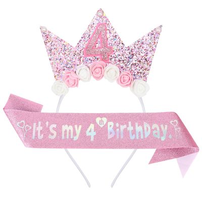 YARIEW 4th Birthday Decorations for Girls, 4th Birthday Headband and Glitter Birthday Sash Kit, Birthday Tiara Flower Princess Crown Headband It&#39;s My Birthday Sash Birthday Girl Outfit