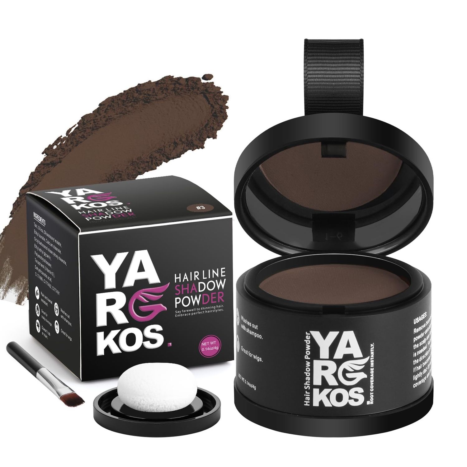 Yargkos Hairline Shadow Powder, Dark Brown, Root Touch Up Powder for Instantly Gray Hair Cover Up, Women Color Root Coverage for Thinning Grey, Mens Roots Concealer for Hair Loss Beard Line, #3