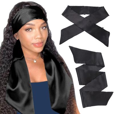 XTREND 2Pcs Women&#39;s Satin Edge Scarves for Wigs 58 Inch Silk Edge Laying Scarf for Women Non Slip Hair Wrap Wigs Grip Band for Yoga, Makeup, Facial, Sport (2 pcs, Black#)