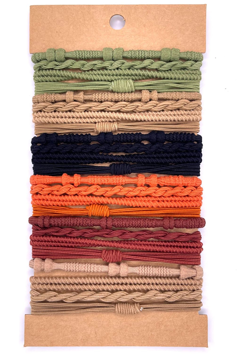 Boho Hair Accessories - Hair Tie Bracelet in Orange, Green, and Black, Elastic Ponytail Holders for Thin or Thick Hair