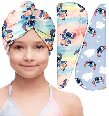 Akkya Microfiber Hair Towel Wrap for Kids Girls Women 2 Pack Drying Turban Towels for Wet Hair Quick Dry Head Wraps Cute Colorful Cartoon Print