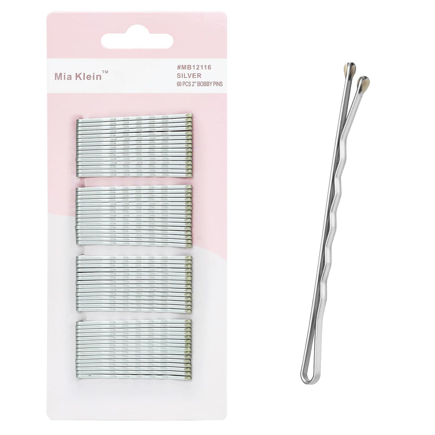Mia Klein Bobby Pins, Hair Pins 2 Inch 60PCS Crimped Hair Grips for Kids, Girls, and Women, Secure and Easy for All Hair Types, With Ball Tips Design. Hair Accessories for Daily Use (Silver)