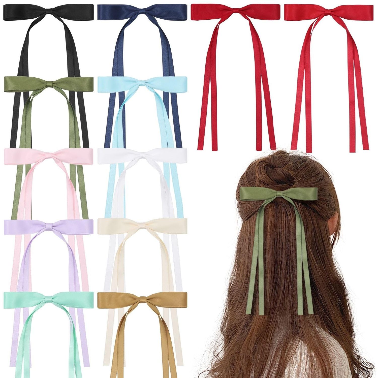 SEVEN STYLE 12 PCS Hair Bows for Women, Hair Ribbon Hair Bows with Long Tail Hair Bow clips Hair Barrettes for Women Accessories
