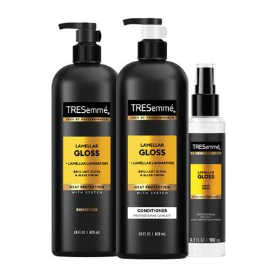 TRESemm Lamellar Gloss Shampoo, Conditioner and Shine Spray for Brilliant Gloss &amp; Sleek Finish Ultimate Shine with Heat Protection, 3 pack