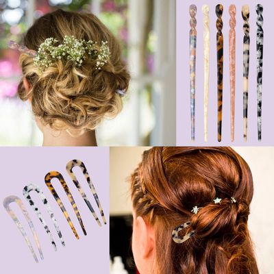 6+4P Acetate Hair Sticks Set, Coldairsoap 2 Styles Tortoise Shell Hair Pins U-Shaped Straight Chopsticks 10 Colors Vintage French Hair Forks for Women (Classic)