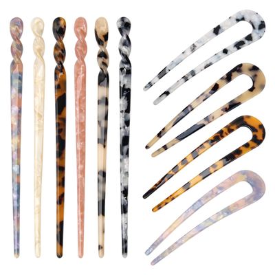 6+4P Acetate Hair Sticks Set, Coldairsoap 2 Styles Tortoise Shell Hair Pins U-Shaped Straight Chopsticks 10 Colors Vintage French Hair Forks for Women (Classic)