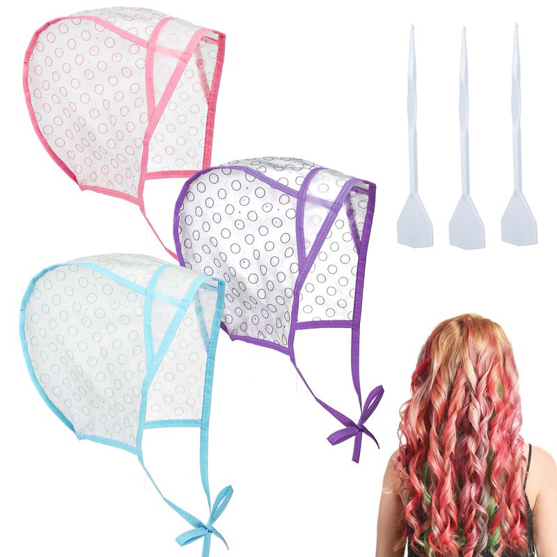 Bewudy 3 Pcs Hair Highlighting Caps, Salon Hair Coloring Dye Cap, Hair Dye Cap Disposable Hair Art Frosting Cap with Plastic Crochet Hook for Salon Hair Dyeing Hairdressing and DIY Dyeing Hair
