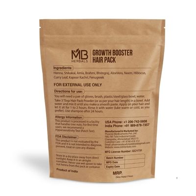 MB Herbals Growth Booster Hair Pack | Blend of Henna Shikakai Amla Brahmi Bhringraj Aloe Vera Neem Hibiscus Curry Leaves Fenugreek & Kapoor Kachri Powders for Hair Growth | 8.8 oz / 250g Pack