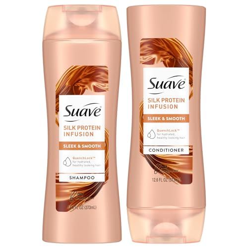 Suave Shampoo and Conditioner Set, Silk Protein Infusion, Sleek &amp; Smooth - Protein Hair Treatment for Dry, Damaged Hair, Detangler, 48H Frizz Control, 12.6 Oz Ea (2 Piece Set)