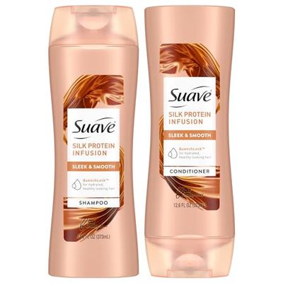 Suave Shampoo and Conditioner Set, Silk Protein Infusion, Sleek &amp; Smooth - Protein Hair Treatment for Dry, Damaged Hair, Detangler, 48H Frizz Control, 12.6 Oz Ea (2 Piece Set)