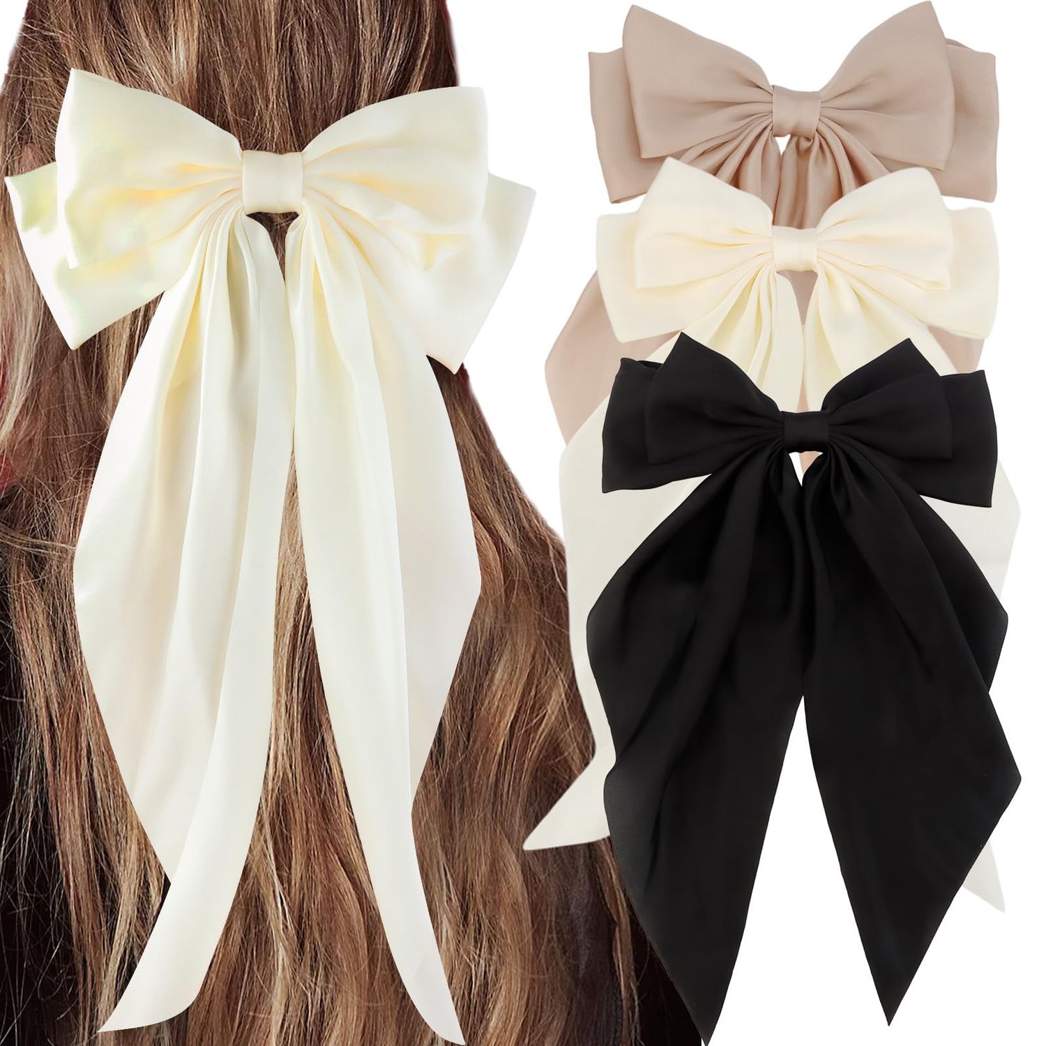 3Pcs Silky Satin Hair Bows for Women, Large Hair Barrettes, French Cute Hair Clips with Long Tails, Mexican Accessories (Beige, Khaki, Black)