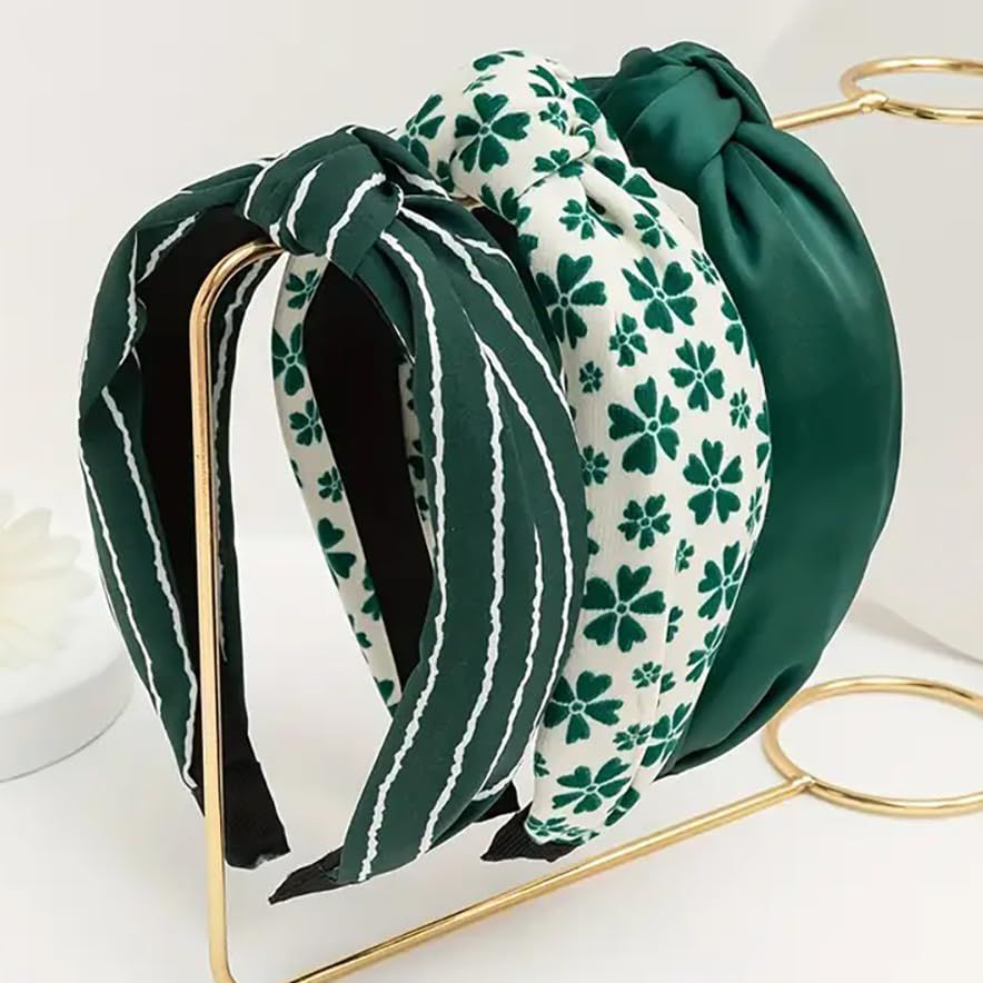 AIBFRID 3 Packs Green Headbands for Women Shamrock Top Knot Headband Stripe Head Bands for Women&#39;s Hair Accessories Knotted Hairbands Festival Party Favors
