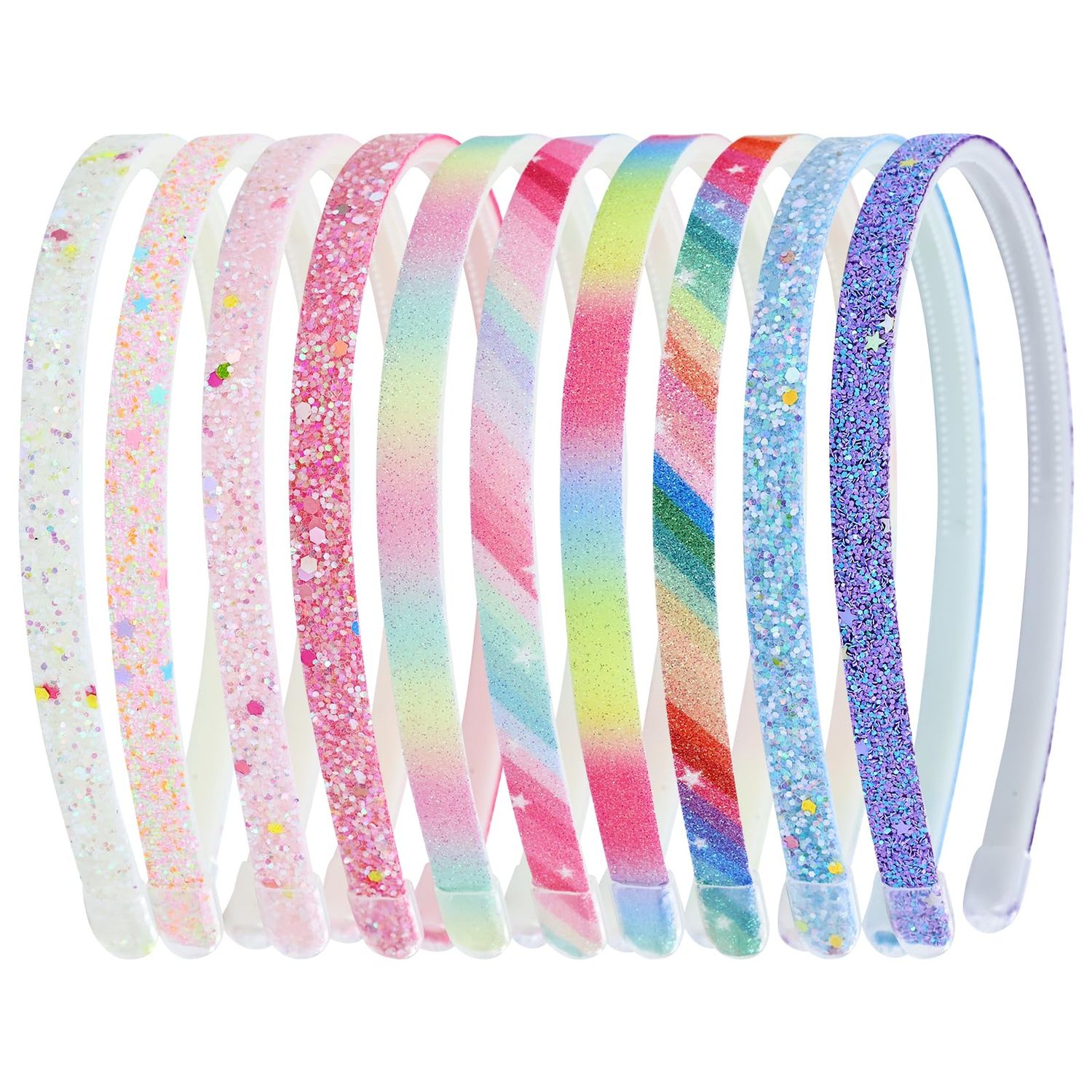 Cinaci 10 Pieces Colorful Glitter Sequin Elastic Plastic Headbands with Mini Teeth Thin Rainbow Hair Bands Accessories for Toddlers Kids Teens Girls Women