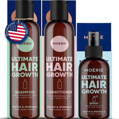 Moerie Mineral Shampoo and Conditioner Plus Hair Growth Spray Set - Ultimate Hair Care Pack - For Longer, Thicker, Fuller Hair - Volumizing Hair Care Products - Paraben &amp; Silicone Free - 3 Products