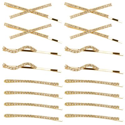 16 Pieces Rhinestone Bobby Pins, Fancy Metal Hair Clips, Crystal Shiny Barrettes, I S X Shaped Diamond Hair Accessories for Women Girls Wedding Prom Party (Gold)