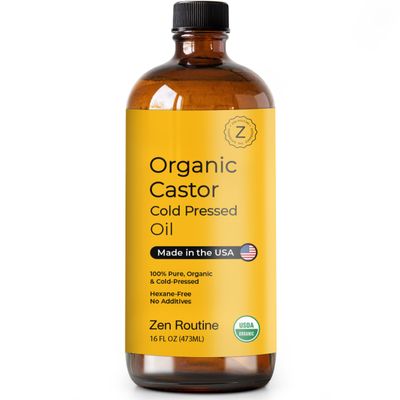 Zen Routine Glass Bottle Castor Oil, Hexane-Free, Organic Cold Pressed, Oil for Hair Growth, Eyelashes and Eyebrows, Hair and Body Oil, Glass Bottle, Carrier Oil, 16 Oz (Pack of 1)