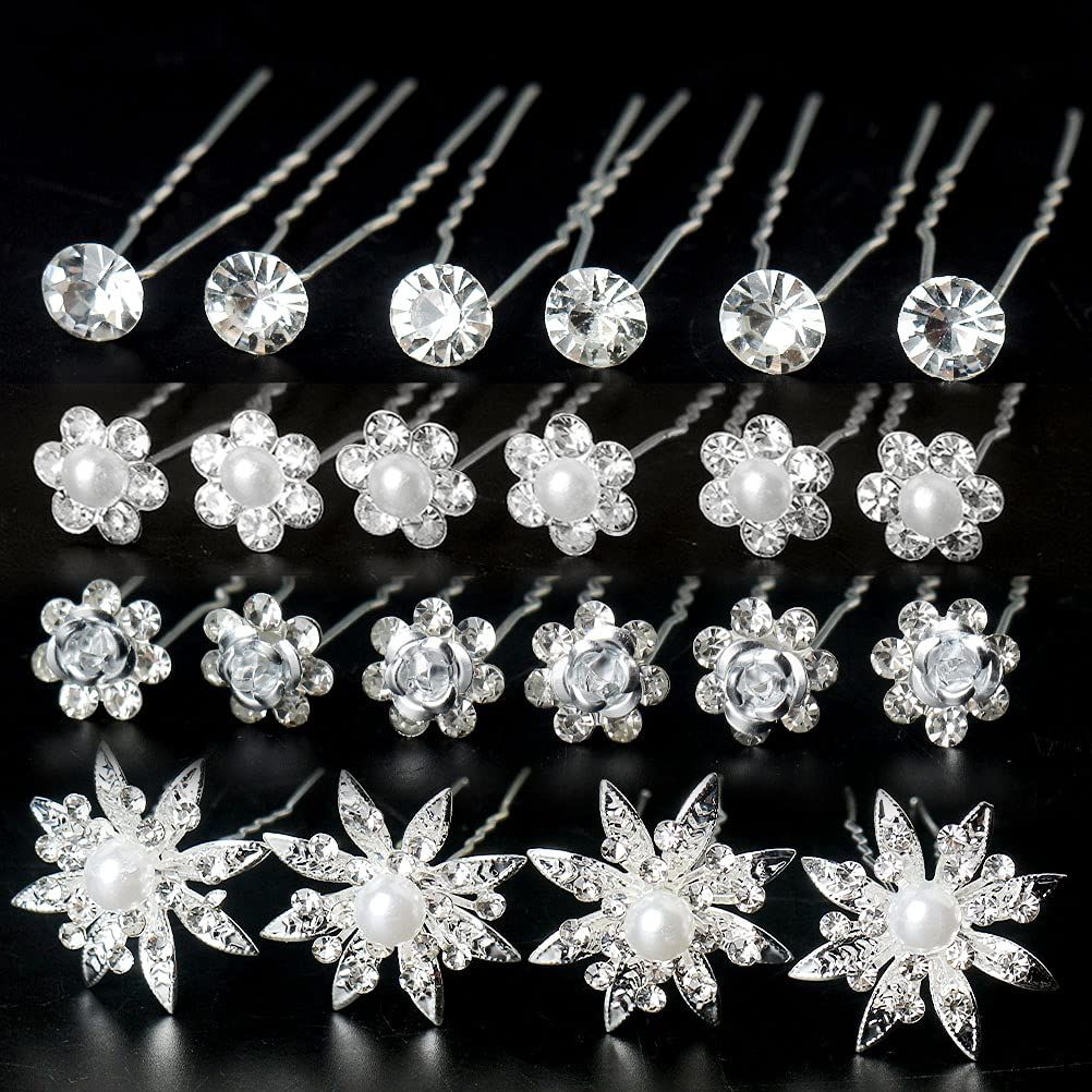 40 Pieces Bridal Hair Pins, Clips and Barrettes with Crystal Pearl Flowers, Women&#39;s Proms Hair Jewelry Accessories, Gift Stocking Stuffers for Girls