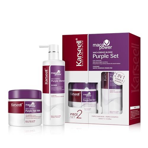 Karseell maca power Purple Hair Mask and Purple Shampoo Set, Neutralizes Brass &amp; Yellow Tones for Blonde, Gray, Silver Color Treated Hair, 2 x 16.9floz