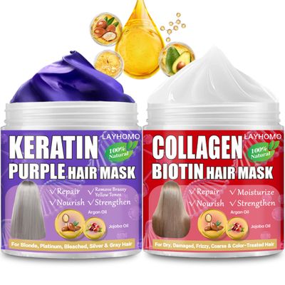 Keratin Hair Treatment-Purple Hair Mask Remove Brassy Yellow for Blonde,Platinum,Bleached Hair &amp; Collagen Hair Mask With Biotin for Dry Damaged Hair,Natural Deep Conditioner with Argan Oil,Jojoba Oil