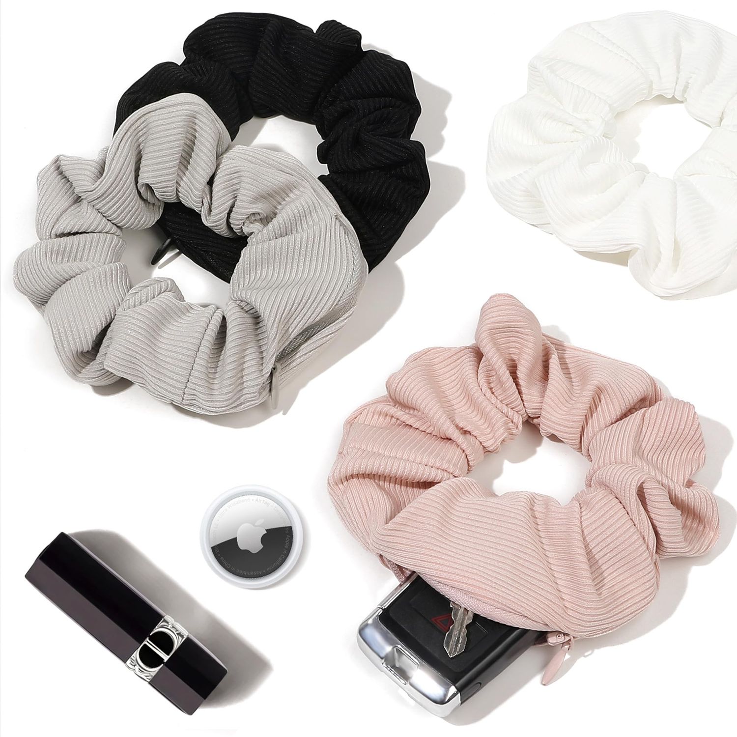 Pocket Scrunchies Hair Ties with Hidden Zipper Stash Scrunchy Ponytail Holder Secret Compartment Items