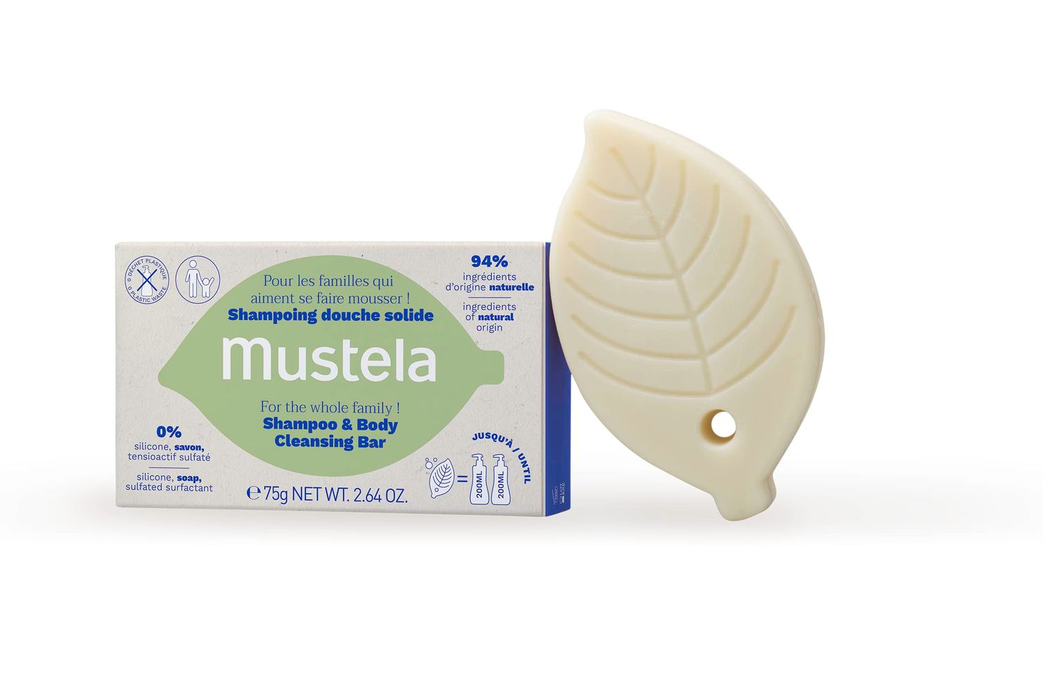Mustela Solid Shampoo &amp; Body Cleansing Bar for Baby, Kid &amp; Adult - with Avocado Oil &amp; Olive Oil - Fragrance-Free, Plastic-Free, Vegan &amp; Biodegradable Formula - 2.64 oz.