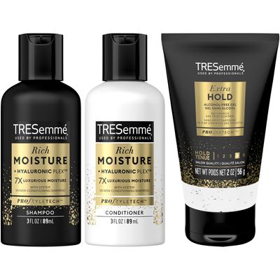 TRESemm Travel Shampoo, Conditioner &amp; Hair Gel - Rich Moisture Hair Products + Alcohol-Free Styling Gel, 24H Frizz Control (3 Piece Set)