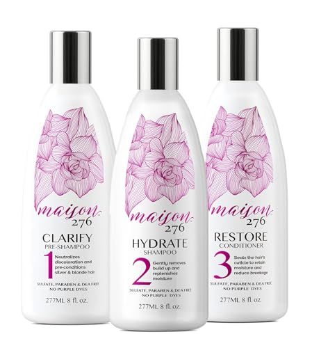 Maison 276 Pre-Shampoo, Shampoo and Conditioner for Silver, Gray &amp; Blonde Hair, 3-Step System Tone-Correcting Shampoo, NOT a Purple Shampoo, Neutralizes Brassiness, Sulfate-Free, 3x 8oz Bottles