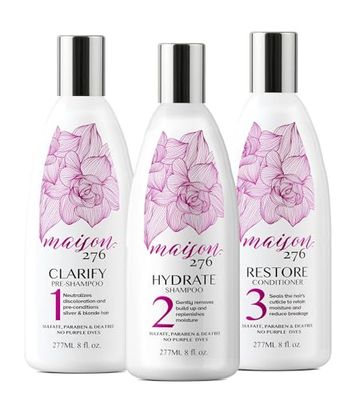 Maison 276 Pre-Shampoo, Shampoo and Conditioner for Silver, Gray &amp; Blonde Hair, 3-Step System Tone-Correcting Shampoo, NOT a Purple Shampoo, Neutralizes Brassiness, Sulfate-Free, 3x 8oz Bottles
