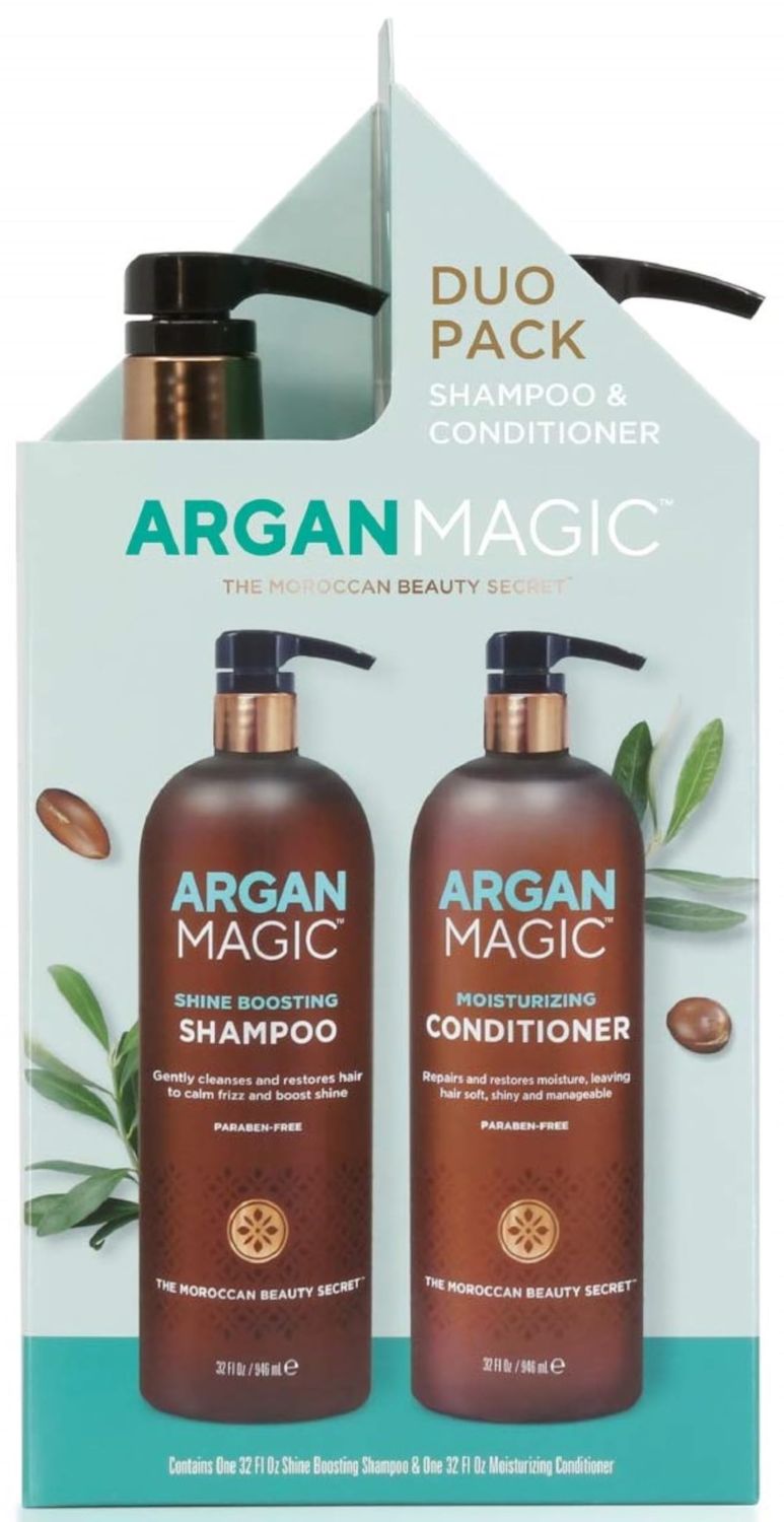 Argan Magic Shine Boosting Shampoo &amp; Moisturizing Conditioner Duo - Gently Cleanses, Boosts Shine, Controls Frizz, Restores Moisture, Detangles | Made in USA, Paraben Free, Cruelty Free (32 oz)