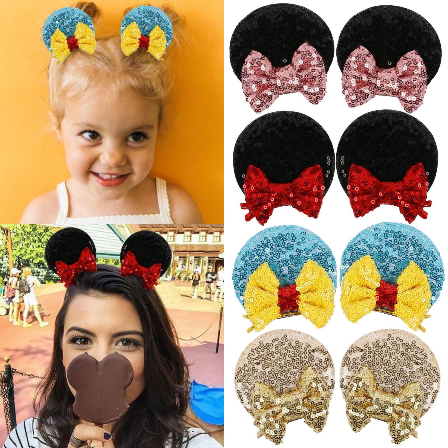 Mouse Ears Hair Bows Clips Glitter Mice Ears Pack Cute Hair Bow Hair Accessories for Women Costume Birthday Party Favor Vacation Halloween Christmas Decoration, 4 Pairs